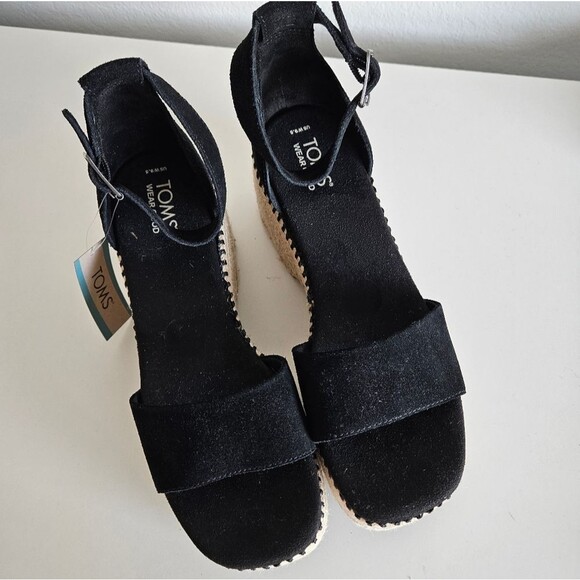 NEW Toms | Laila Espadrille Platform Sandal Black Suede, Womens 9.5 - Picture 4 of 7